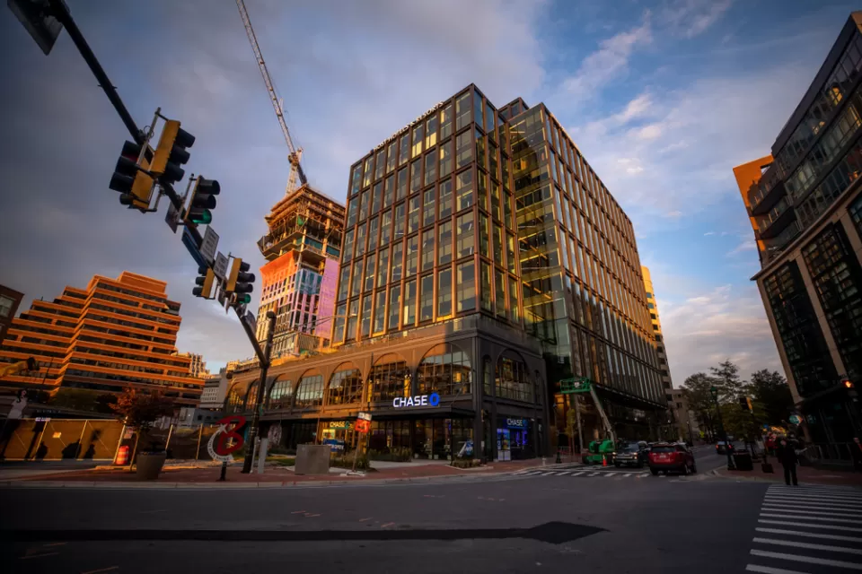 View looking up at multi-story building on commercial street in Bethesda, Maryland